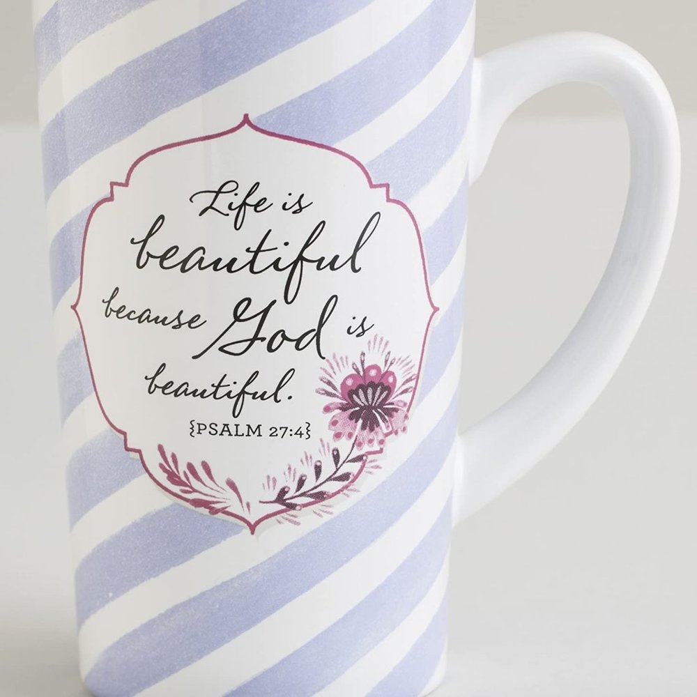 Dayspring Life is Beautiful Mug NWT 16 Ounces Ceramic Purple & White Swirls Box